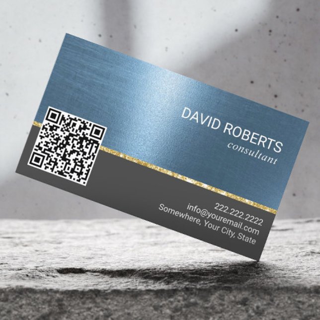 Carte De Visite Code QR en métal bleu professionnel (Créateur téléchargé)
