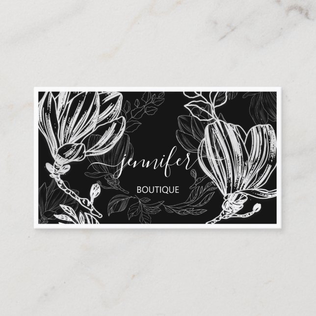 Carte De Visite Code QR encadré de fleurs Logo personnalisé Noir B (Devant)