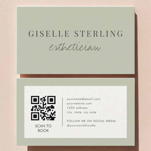 Carte De Visite Code QR Esthéticienne Vert Sauge (Créateur téléchargé)