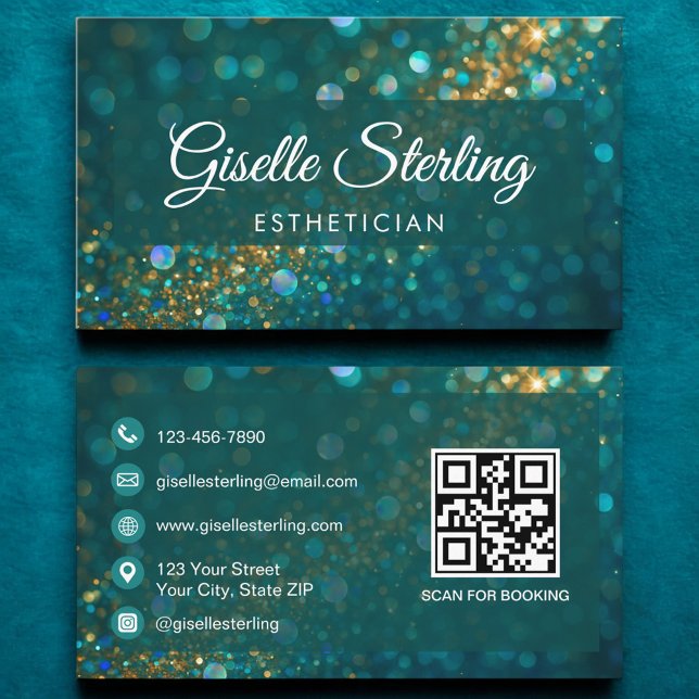 Carte De Visite Code QR Esthétique Parties scintillant or Turquois (Créateur téléchargé)