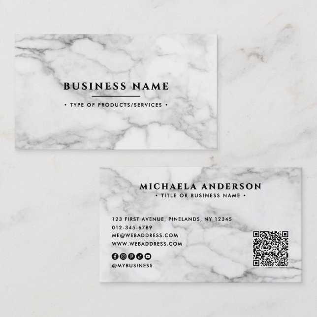 Carte De Visite Code QR et Réseaux Sociaux en Marbre Blanc Élégant (Devant / Derrière)