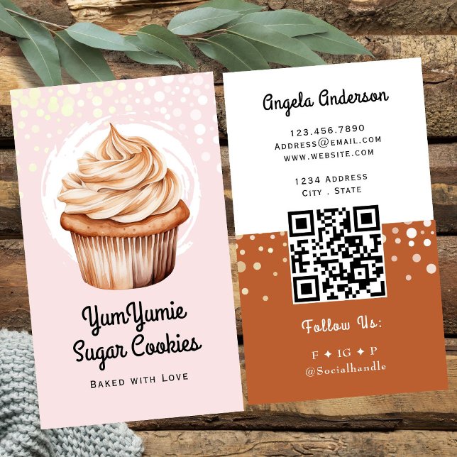 Carte De Visite Code QR et site Web Cupcake tendance (Créateur téléchargé)