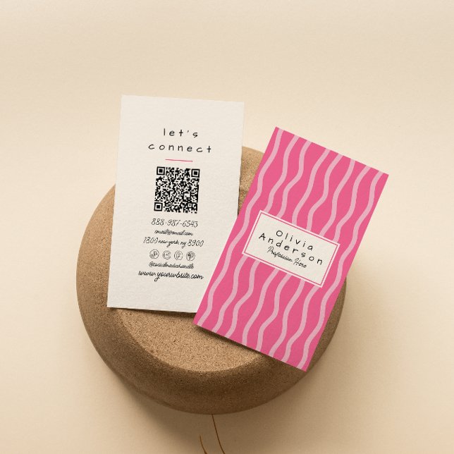 Carte De Visite Code QR féminin Boho tendance rayures rose rétro (Créateur téléchargé)