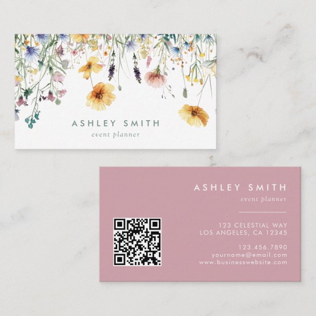 Carte De Visite Code QR Fleur sauvage Dusty Rose (Devant / Derrière)