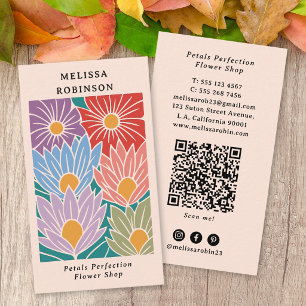 Carte De Visite Code QR Fleuriste Fleurs Colorées Rétro Groovy