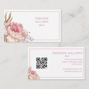 Carte De Visite Code QR Fleuriste Floral Aquarelle Élégant Moderne