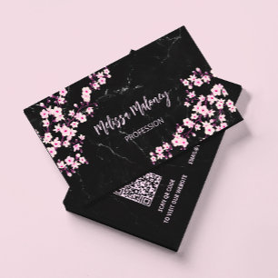 Carte De Visite Code QR Fleurs de cerisier Rose Marbre Noir