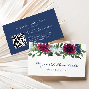 Carte De Visite Code QR floral aquarelle bleu marine et bordeaux