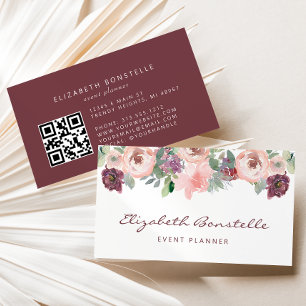 Carte De Visite Code QR floral aquarelle rose et bordeaux