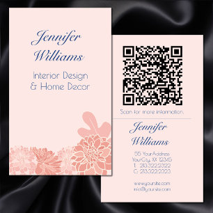 Carte De Visite Code QR floral élégant rose poudré et bleu marine