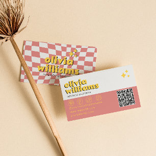 Carte De Visite Code QR gras Rétro Années 70 Branché Damier Tendan