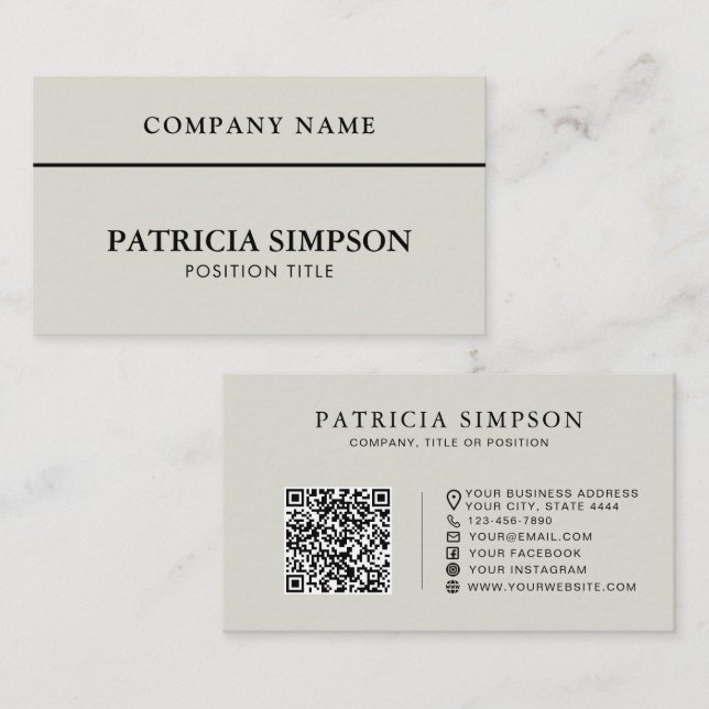 Carte De Visite Code QR Gris Argent Moderne Professionnel Minimali (Devant / Derrière)