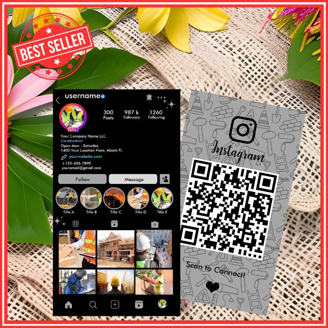 Carte De Visite Code QR gris Instagram pour la construction de bât (Créateur téléchargé)