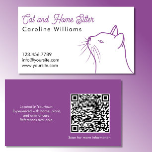 Carte De Visite Code QR illustration minimaliste de chat violet bl