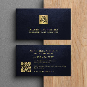 Carte De Visite Code QR immobilier logo maison bleu marine or