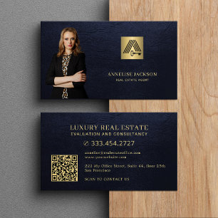 Carte De Visite Code QR immobilier logo maison photo marine or