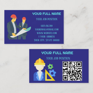 Carte De Visite Code QR Ingénieur de Construction Moderne Bleu Fon