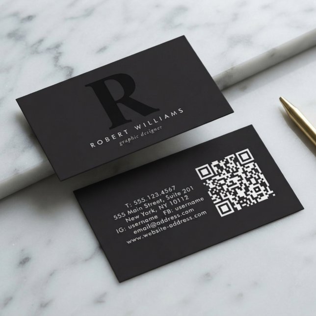 Carte De Visite Code QR initial monogramme noir moderne profession (Créateur téléchargé)