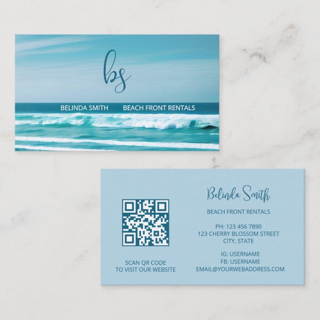 Carte De Visite Code QR Initiales de la vague océanique (Devant / Derrière)