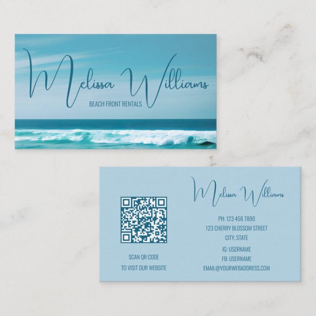 Carte De Visite Code QR Initiales de vague océanique (Devant / Derrière)