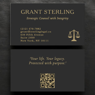 Carte De Visite Code QR juridique Échelles de Justice Noir Or
