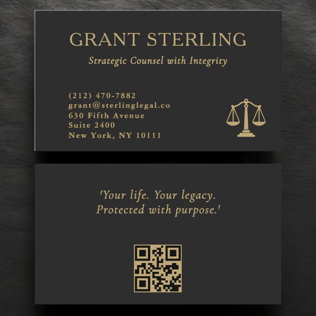 Carte De Visite Code QR juridique Échelles de Justice Noir Or  (Créateur téléchargé)