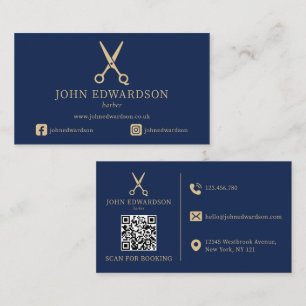 Carte De Visite Code QR Logo Ciseaux de Coiffeur Bleu Élégant Or