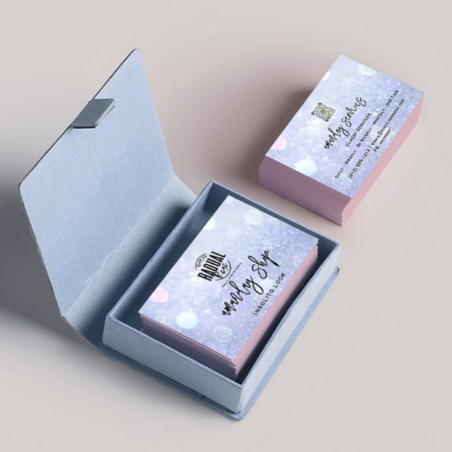 Carte De Visite Code QR Logo Clous de maquillage bleu argent (QR Code Logo Makeup Nails Silver Blue Business Card )