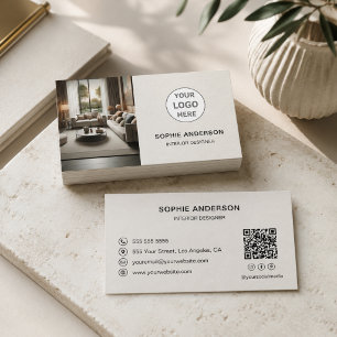 Carte De Visite Code QR Logo de Designer d'Intérieur Beige Neutre