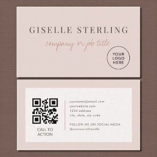 Carte De Visite Code QR Logo de Société Minimaliste Rose Pâle