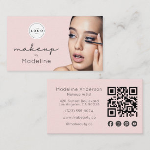 Carte De Visite Code QR Logo Écriture Rose Pâle Photo Maquillage