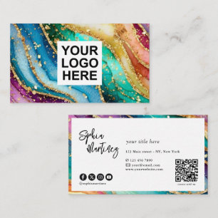 Carte De Visite Code QR & Logo Élégant Paillettes or Agate arc-en-