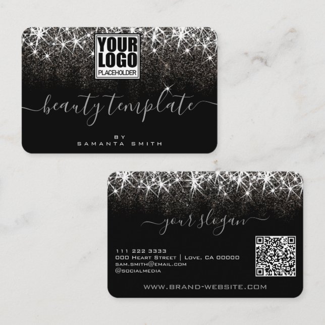 Carte De Visite Code QR Logo Modèle Lumineuse Platine Argent (Devant / Derrière)
