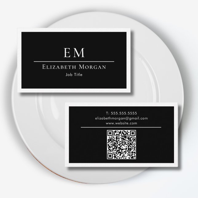 Carte De Visite Code QR Logo Monogramme Professionnel Noir Blanc (Créateur téléchargé)