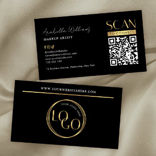 Carte De Visite Code QR Logo Or Maquillage Noir Moderne Salon De B