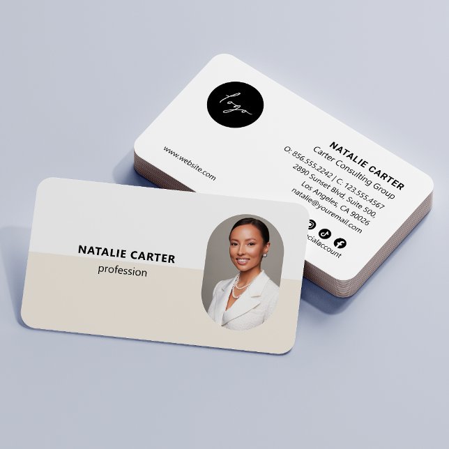 Carte De Visite CODE QR Logo OVAL Photo CRÈME IVORY Professionnell (Créateur téléchargé)