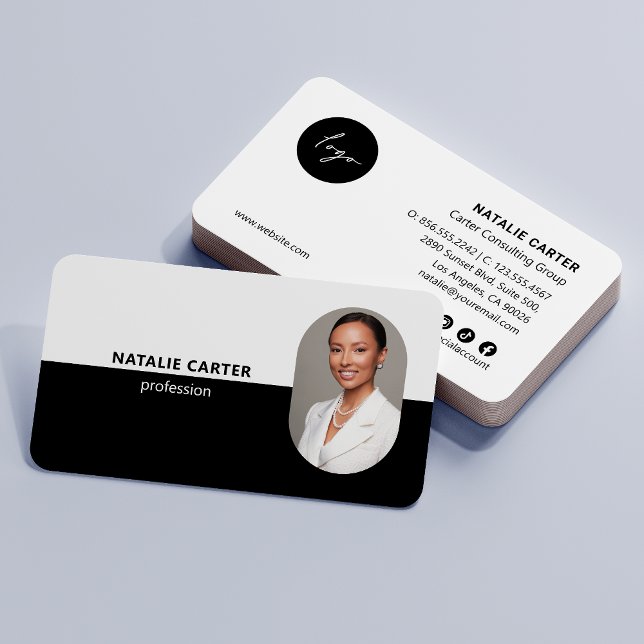 Carte De Visite CODE QR Logo OVAL Photo Professional CHIC NOIR (Créateur téléchargé)