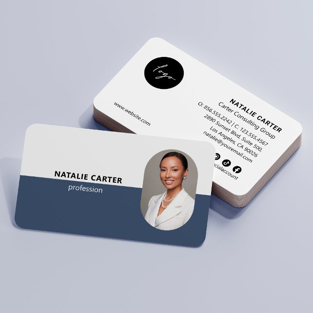 Carte De Visite CODE QR Logo OVAL Photo Professional DUSTY BLEU (Créateur téléchargé)