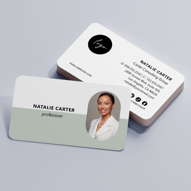 Carte De Visite CODE QR Logo OVAL Photo Professional SAGE VERT (Créateur téléchargé)