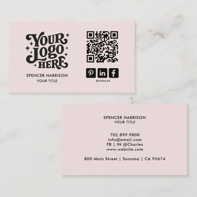 Carte De Visite Code QR Logo Rétro Rose Pâle (Devant / Derrière)