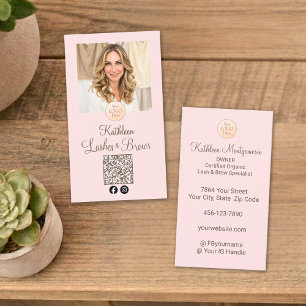 Carte De Visite Code QR Logo Rose Pâle Photo Cils et Sourcils