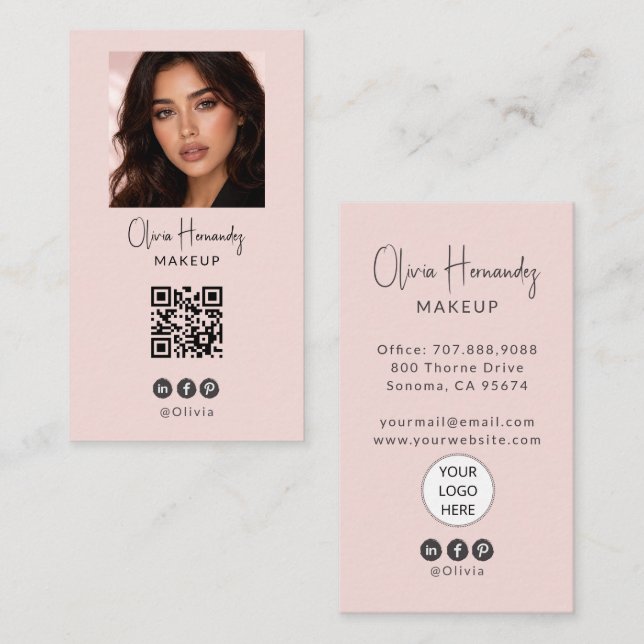 Carte De Visite Code QR Logo Script Rose Pâle Photo Maquillage (Devant / Derrière)