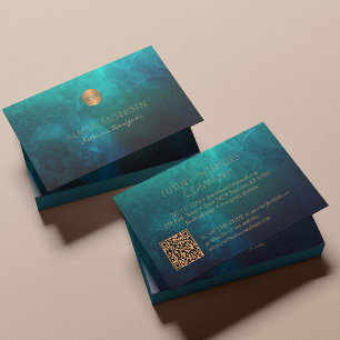 Carte De Visite Code QR luxe aquarelle vert or monogrammé