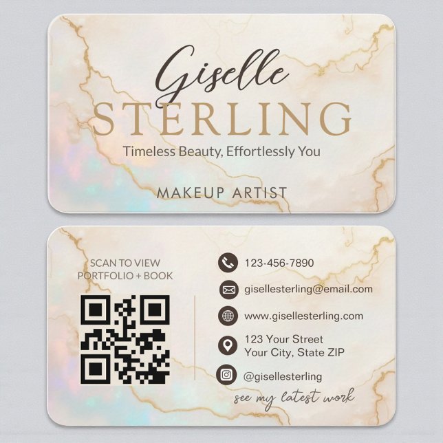 Carte De Visite Code QR Luxury Opal Stone Élégant Script (Créateur téléchargé)