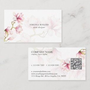 Carte De Visite Code QR Magnolia Rose Aquarelle