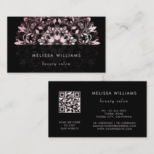 Carte De Visite Code QR   Mandala Floral Noir Rose Brillante
