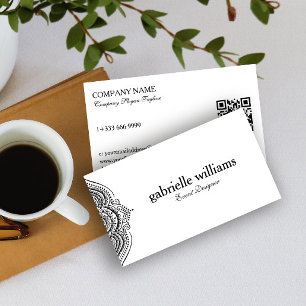 Carte De Visite Code QR Mandala Paisley Noir et Blanc