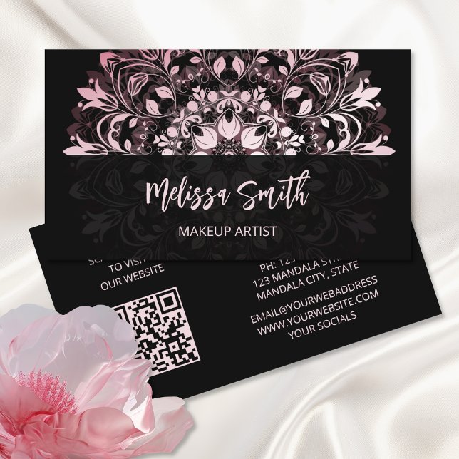 Carte De Visite Code QR | Mandala rose brillant noir floral (Créateur téléchargé)