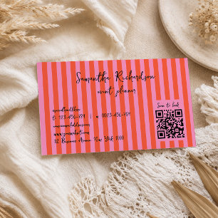 Carte De Visite Code QR manuscrit Groovy Stripes Cherry Pink