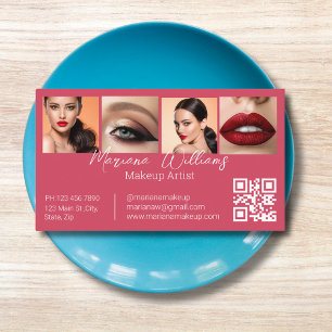 Carte De Visite code qr maquilleuse 4 photos collage rouge